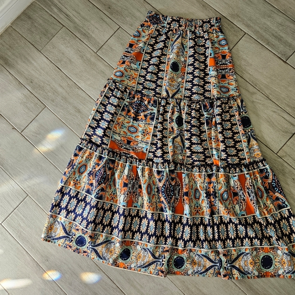 SHEIN Navy and Orange Boho Tiered Maxi Skirt
